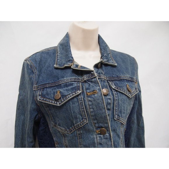 Free People Womens Jacket S Denim Jean Trucker Lace Inset Button Raw Hem - Picture 7 of 12